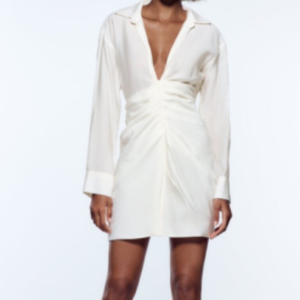 Zara White Long sleeve Plunge Neck Mini Dress - Size XS